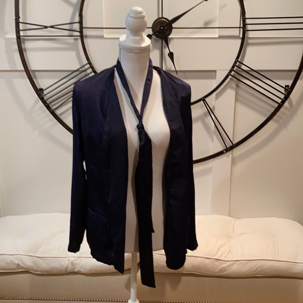 Navy Tie Neck Satin Blazer